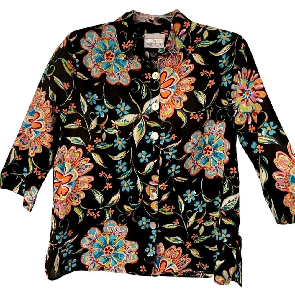 Scott Taylor Womens Top Floral 3/4 Sleeve Button Up Shirt Tropical Colorful